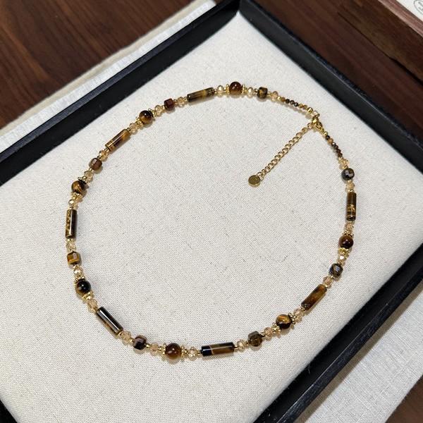 Maillard Retro White Tiger'S Eye Stone Beaded Necklace Niche Design Autumn And Winter Double-Sided Tiger'S Eye Stone Pendant Sweater Chain