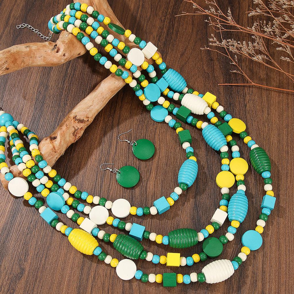 Bohemian Colored Geometric Multi-layer Wooden Beads Handmade Necklace Earrings Women Accessories