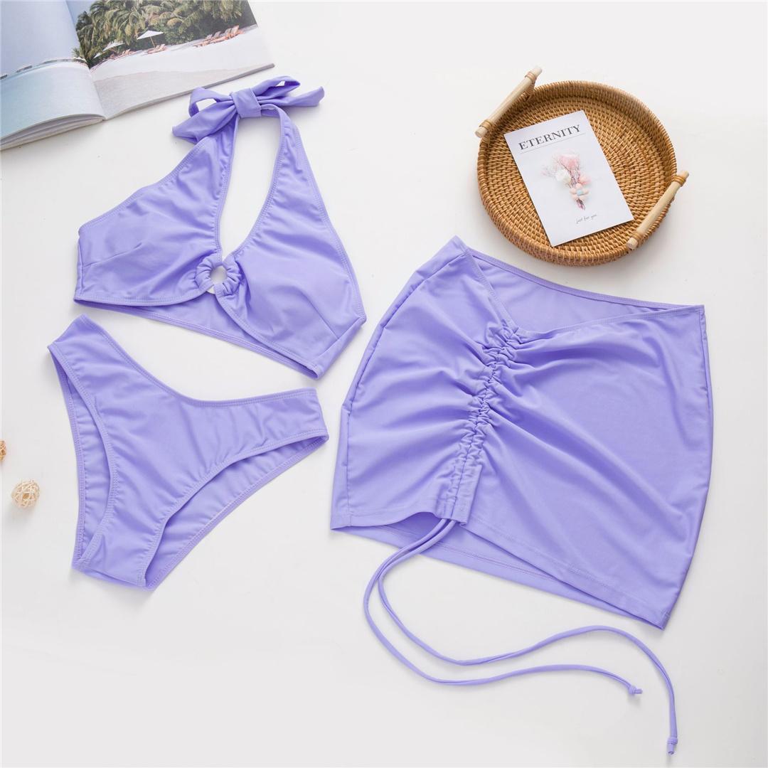 

3 шт. с юбкой, бикини с лямкой на шее, на шнуровке, женские купальники, женский купальник, комплект из трех частей, купальный костюм, купальный костюм для женщин L фиолетовый