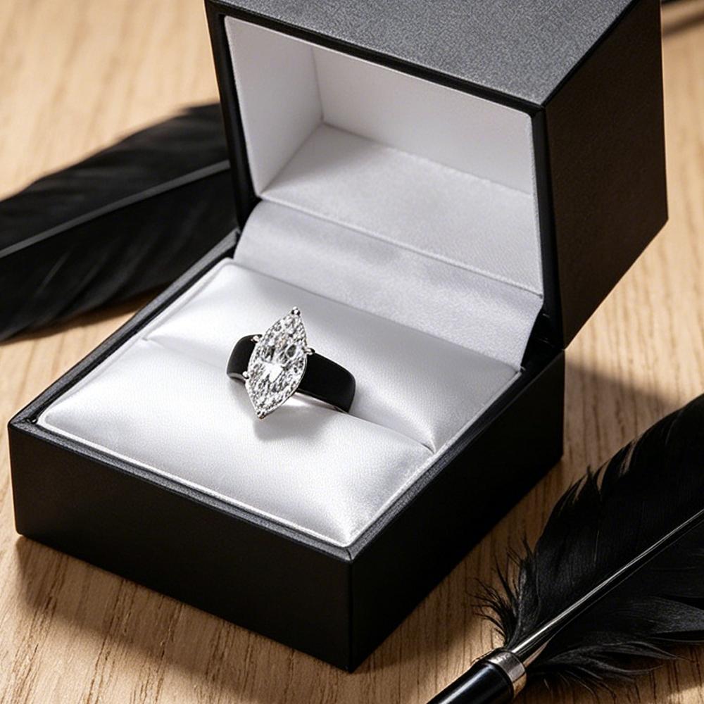 4CT Marquise Cut CZ Silicone Ring, Black Matte Wide Band with White Gold Prongs, Daily Stackable Casual Statement Jewelry for Wo