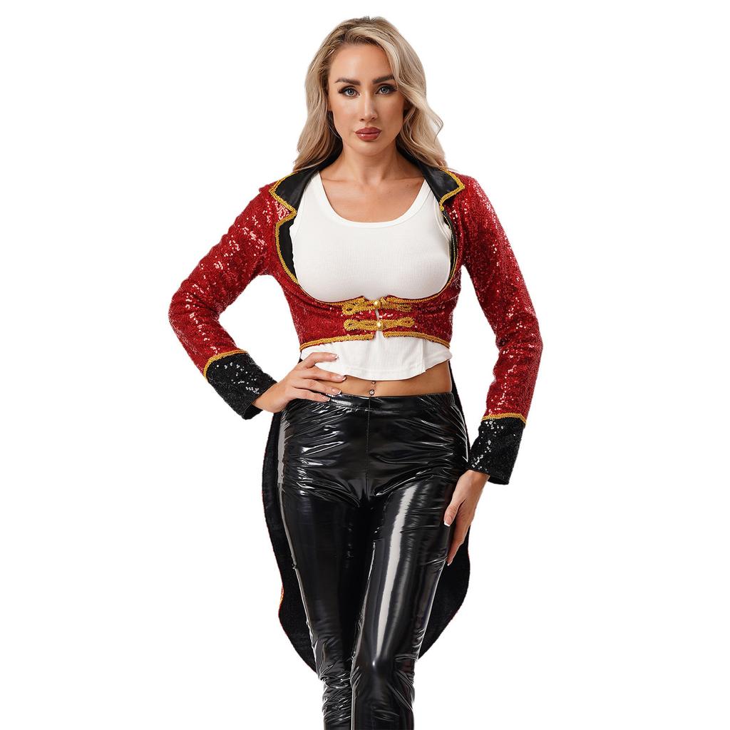 Women Adult Ringmaster Circus Costume Shiny Sequins Gold Webbing Trim Turn Down Collar Long Sleeve Buttons Tailcoat