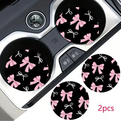 2pcs Bow Leopard Print Car Cup Holder Coasters, Anti-Slip Shockproof Universal Fashion Car Coasters, Insert Interior Accessories, Party Gift