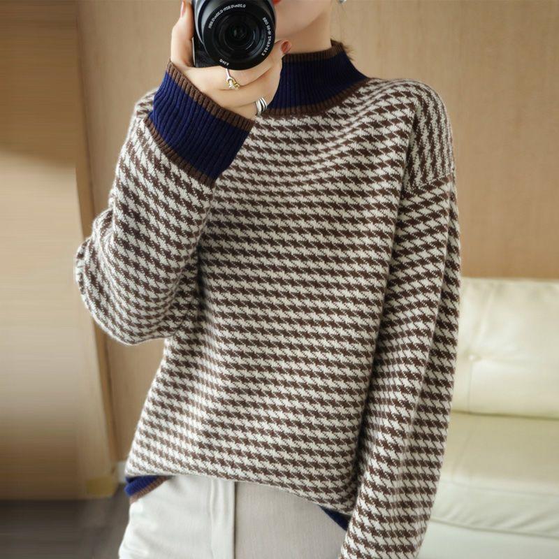 

Осенне-зимний толстый полувысокий ворот женский свитер в полоску свободный и стильный универсальный свитер 3XL темно-коричневого