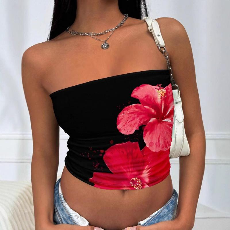 

Fashion Sleeveless Printing Summer Tube Top Casual Elegant Skinny Short T-shirt Casual Simple Crop Tops Female Streetwear Strapless Top Woman Clothing S чорний