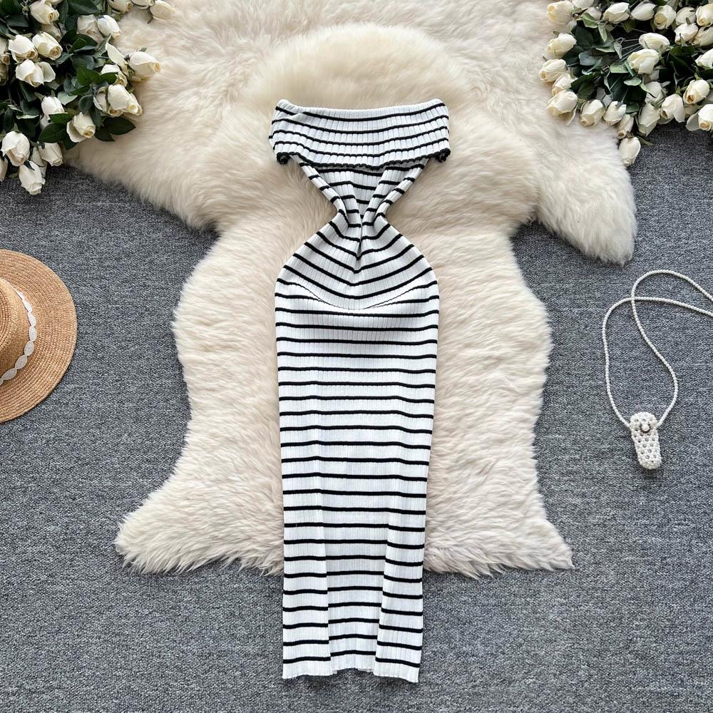 Summer Women Sexy Strapless Striped Knitted Sweater Office Work Sheath Dresses