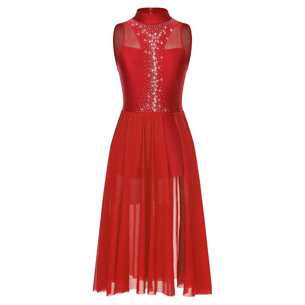 Damen Funkelndes Strass-Ärmelloses Kleid Mit Stehkragen Schlüsselloch am Rücken Seitenschlitz Performance Tanzkostüm