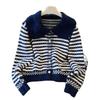 Women's Coat Lapel Striped Knitted Cardigan New Retro Versatile Top Soft Waxy Sweater Women