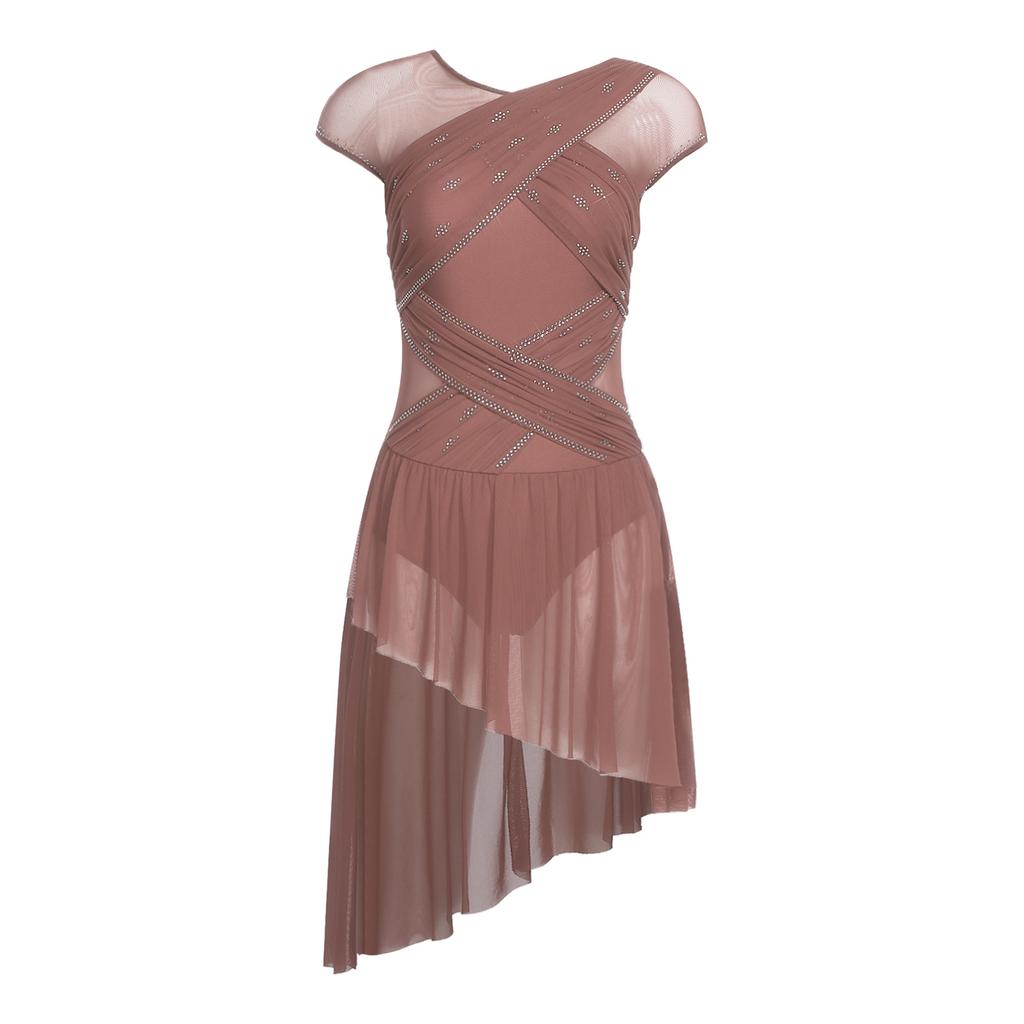 Dames Kunstschaats Leotard Jurk Gerimpelde Mesh Overlay Strass Onregelmatige Zoom Openbare Kruis Bodysuit