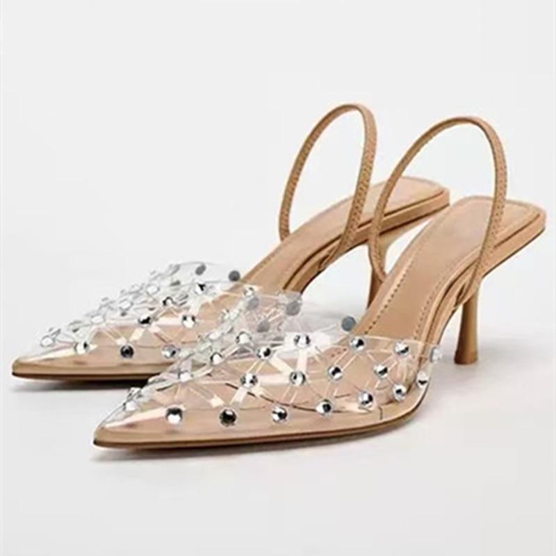 Fashion Luxury Rhinestone Mesh Transparent PVC Women Sandals Summer New Pointed Toe Thin High Heels Fashion Designer Banquet Dress Shoes