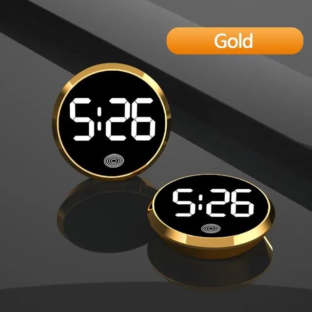 Fashionable Car-mounted LED Electronic Dial Round Alloy Touch Night Light Creative Digital Alarm Clock.