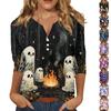 Women's Halloween Print V-Neck 3/4 Sleeve T-Shirt with Decorative Buttons Casual Top
