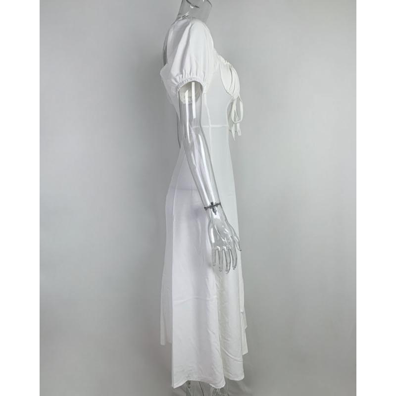 Spring Dresses Women Temperament Commuter Bubble Sleeve Tie Slit Long Skirt
