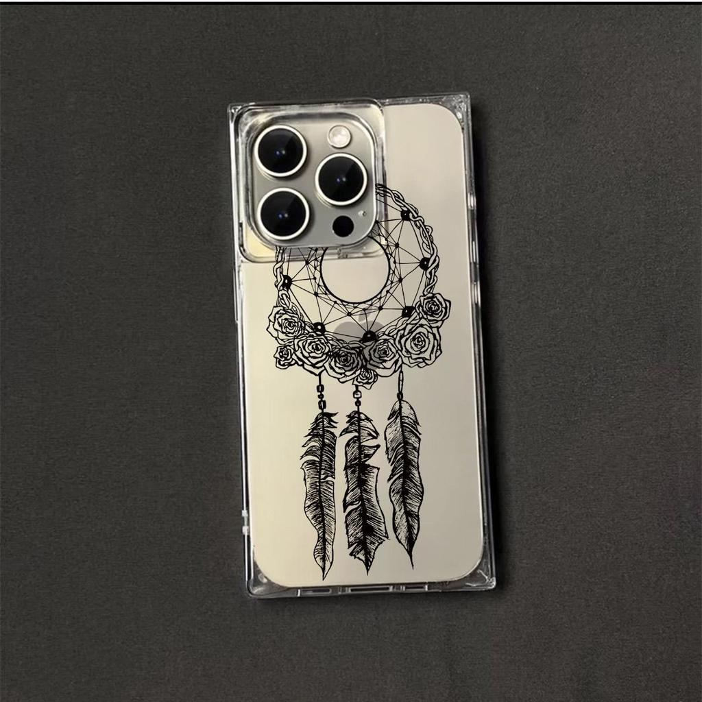 Clear Square Back Tube Case Protection For iPhone 12 15 Plus 11 14 Pro Max 13 16 ProMax Anti-Oxygen,Black Floral Feather Wreath Pattern Casing