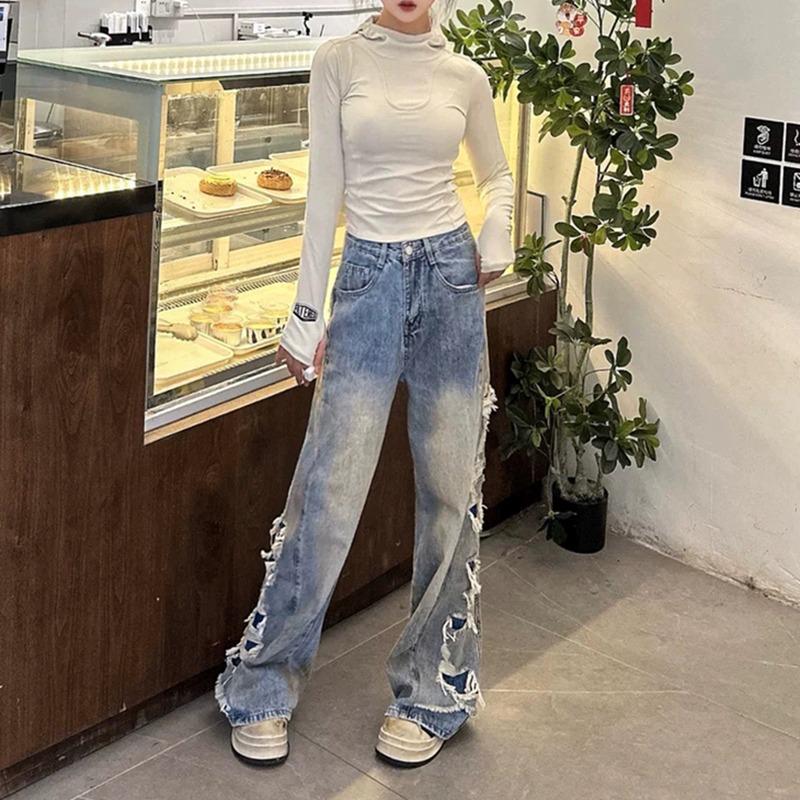 

Модные рваные джинсы в стиле панк с бахромой в корейском стиле, выстиранные, с драпированными прямыми штанинами для подростков L светло-синий