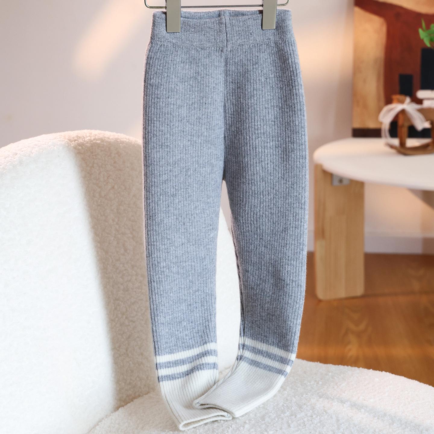 Girls  Wool Color Block Leggings - Ribbed, Warm Autumn-Winter Pants 160 cm
