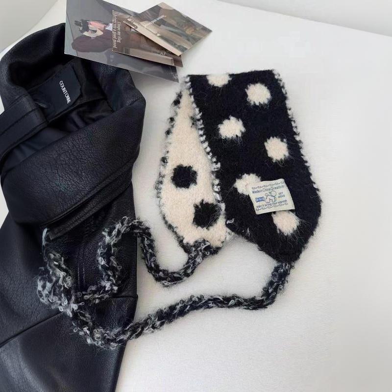 Womens Cute Polka Dot Fuzzy Knit Ear Flap Hat Soft Warm Fabric Adjustable Tie Strings For Winter Daily Wear Outdoor Activities