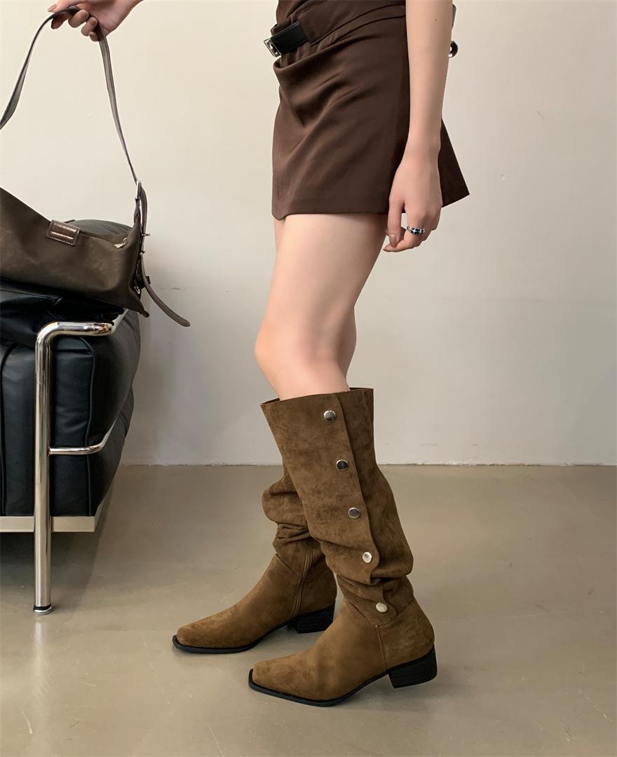 

Western Pile Boots 2025 Autumn Medium Tube Thick Heel Square Head Folded Cowboy Boots But Knee Boots Female Knight Boots 39 верблюд
