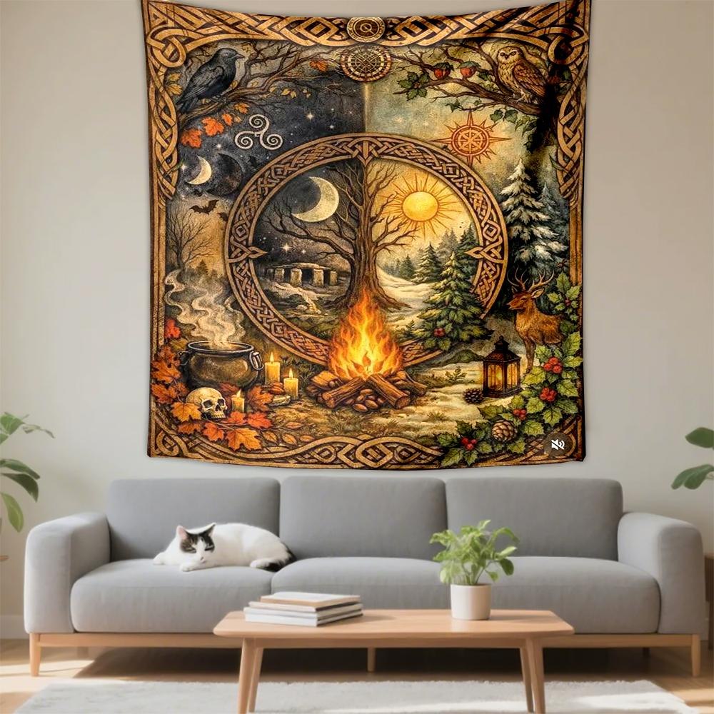 Tapestry Celtic Pagan Wheel Of The Year Seasons Campfire Raven Owl Folklore Wall Hanging for Wicca Witchy Living Room Decor