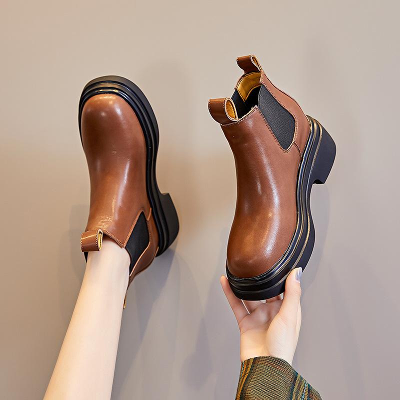 Leather Martin boots, women's trend, the same thick-soled heightening foot cigarette boots, autumn and winter breathable and comfortable Chelsea boots