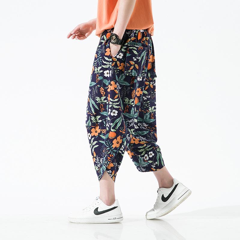 2025 Summer Men's Plus Size Ethnic Print Harem Pants - Loose Fit, Straight Leg, Drop Crotch