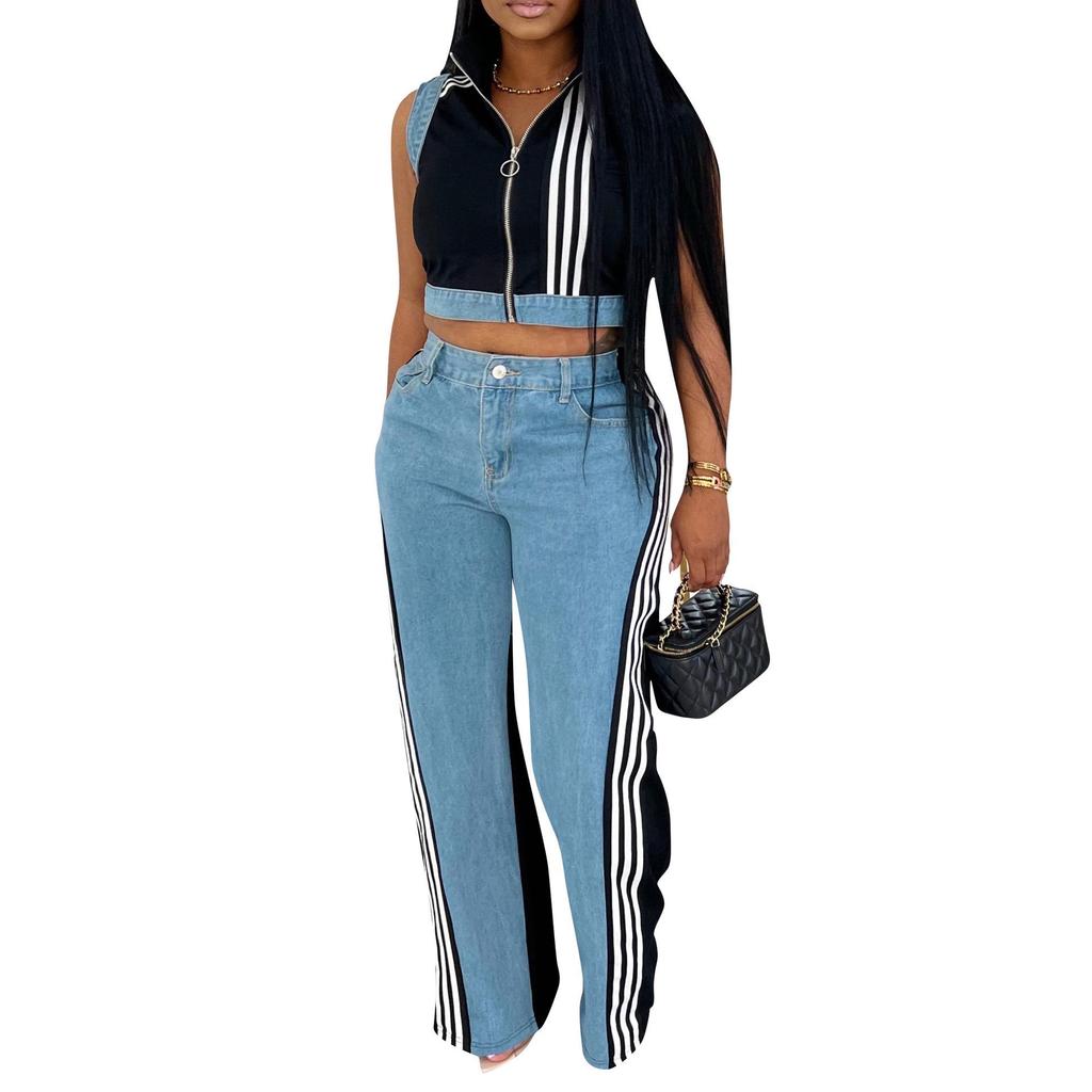 European and American Women's Sleeveless Patchwork Striped Jeans Two-piece Set - Summer Collection