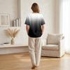 Women’s Fashion Printed Henley Button Neck Short Sleeve Cotton Linen Shirt with Chest Pocket Gradient Design Loose Fit Top