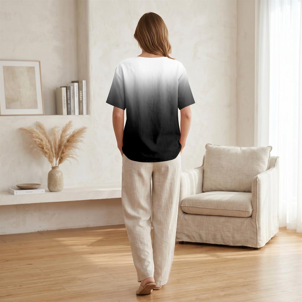 Women’s Fashion Printed Henley Button Neck Short Sleeve Cotton Linen Shirt with Chest Pocket Gradient Design Loose Fit Top