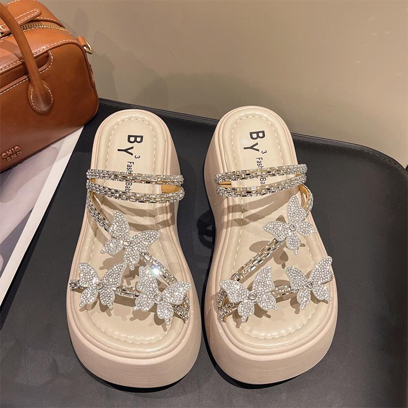 Premium slippers female summer wear rhinestones fashion fairy style with skirt 2025 new muffin thick-bottomed sandals