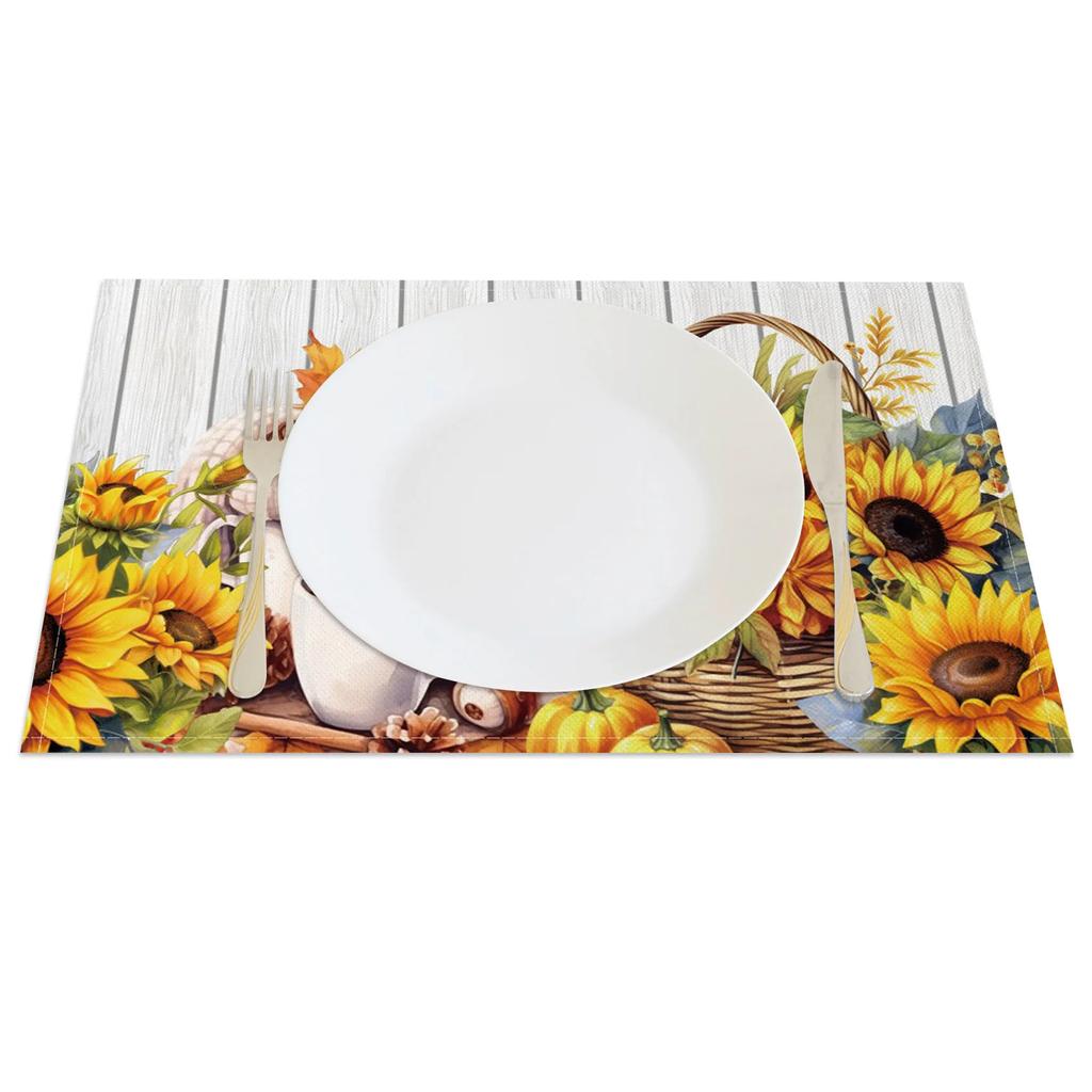 Autumn Harvest Placemats Sunflower Pumpkin Fall Leaves Printing Cozy Seasonal Table for Dining High Tea Wedding Decoration