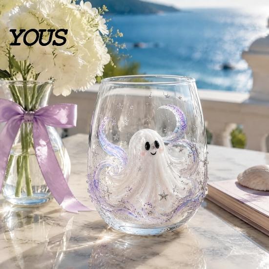 Grande Tazza da Bere per Ufficio Halloween Vetro Artigianale, Calici Senza Gambo con Zucca Fantasma Gatto Nero Ragnatela Vetro Trasparente Cucina