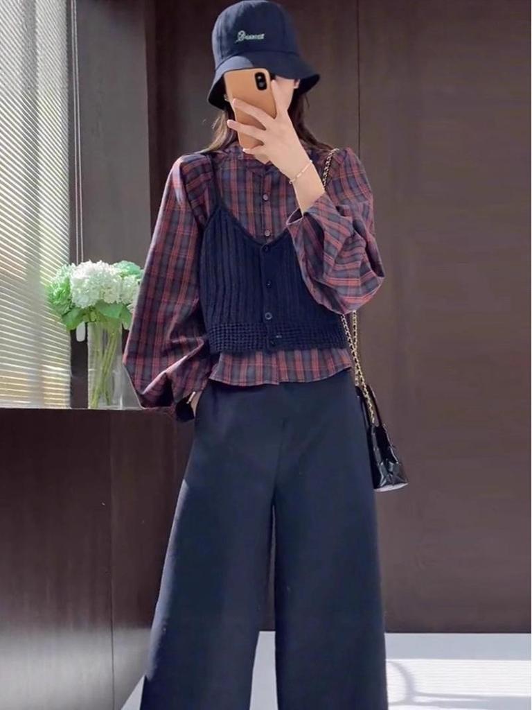Korean Chic Plaid Shirt & Knit Camisole Vest Set - 2025 Autumn Women's Fashion