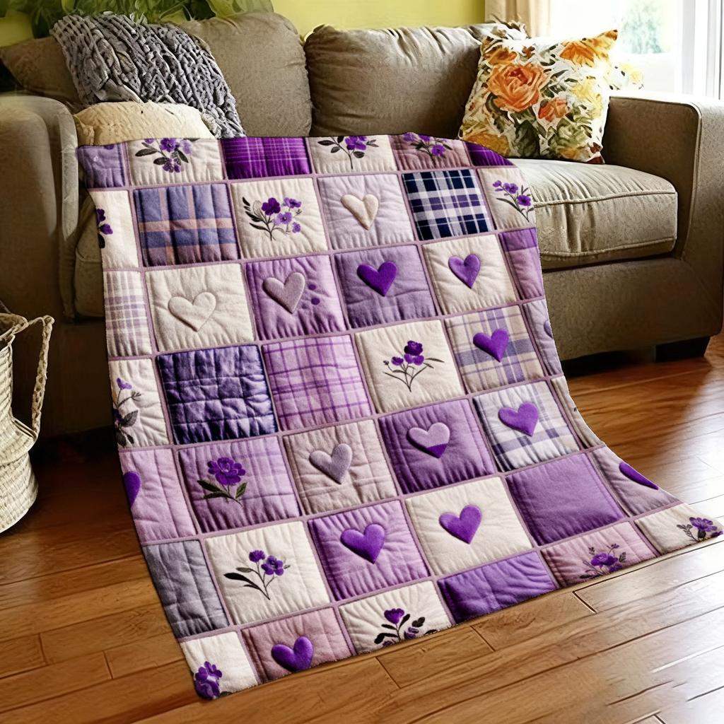 Dekorative Decke mit lila Herz-, Blumen- und Karomuster für Sofa, Bett, Wohnzimmer und Heimdekoration