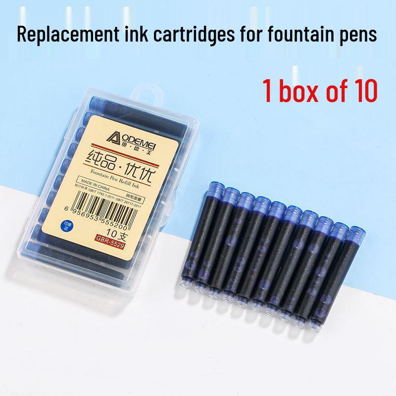 

Odeme Student Fountain Pen Ink Cartridges, 10-Pack, Erasable Blue, Carbon Black, Red 1 Box of 10 Ink Cartridges