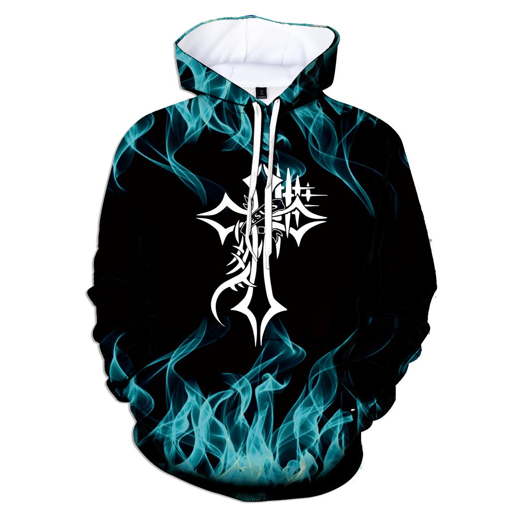 New Fashion Autumn and Winter 3D Flame Men's Hoodie Hooded Sweatshirt Pullover Cross Printed Large Size Sweater