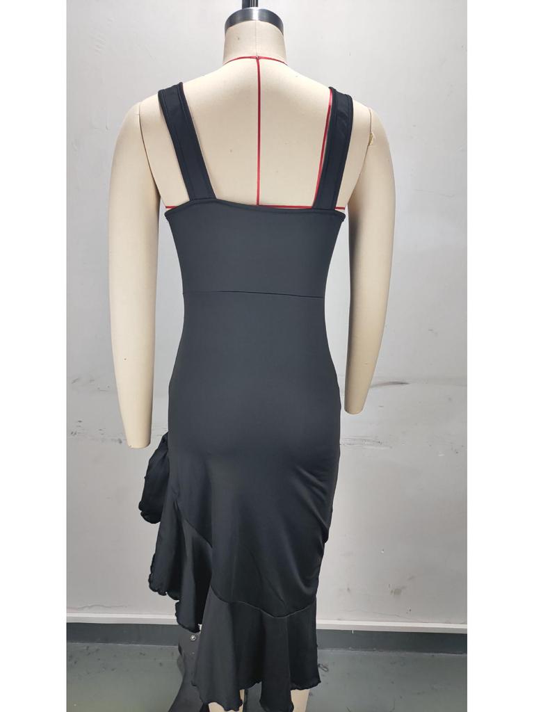 2024 Summer Silky Solid V-Neck Ruffle Hem Mid-Length Dress