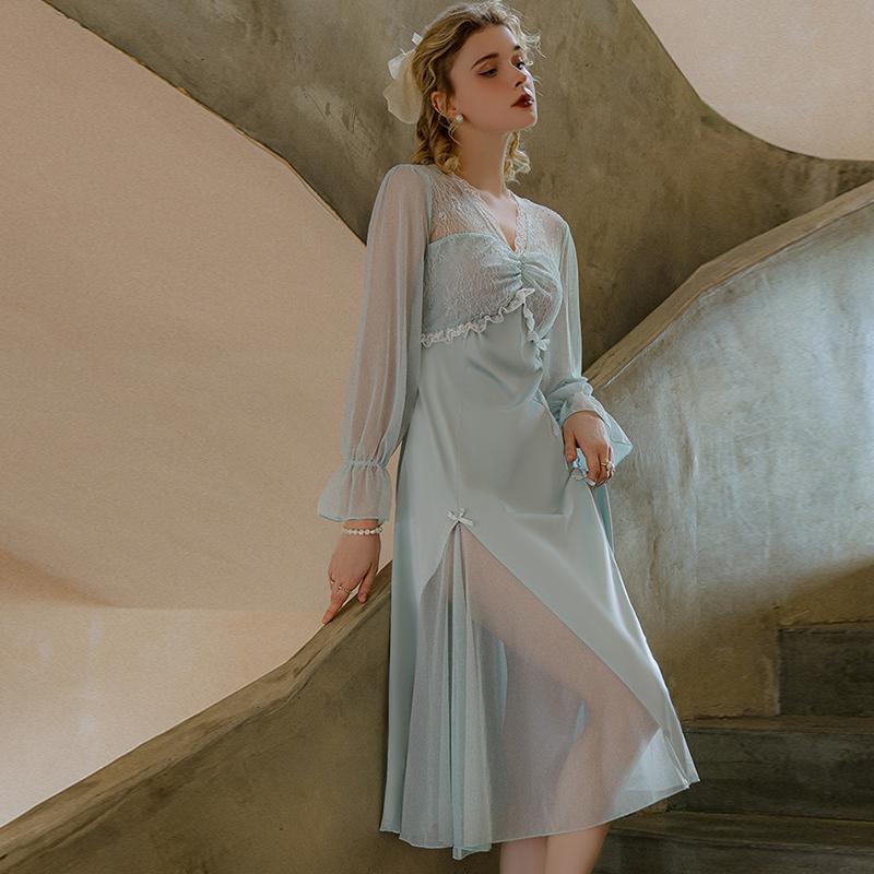 Women Sexy Sleepshirts Lace Patchwork Mesh V-neck Dress Nightgowns Porn Translucent Long Lounge Comfortable Clothing