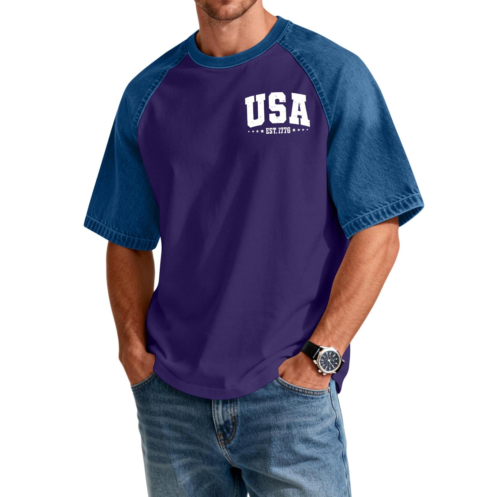 

Men s Denim Patchwork Shirt, Casual Short-sleeved Comfortable T-shirt, Fashionable For Spring And Summer. M фіолетовий