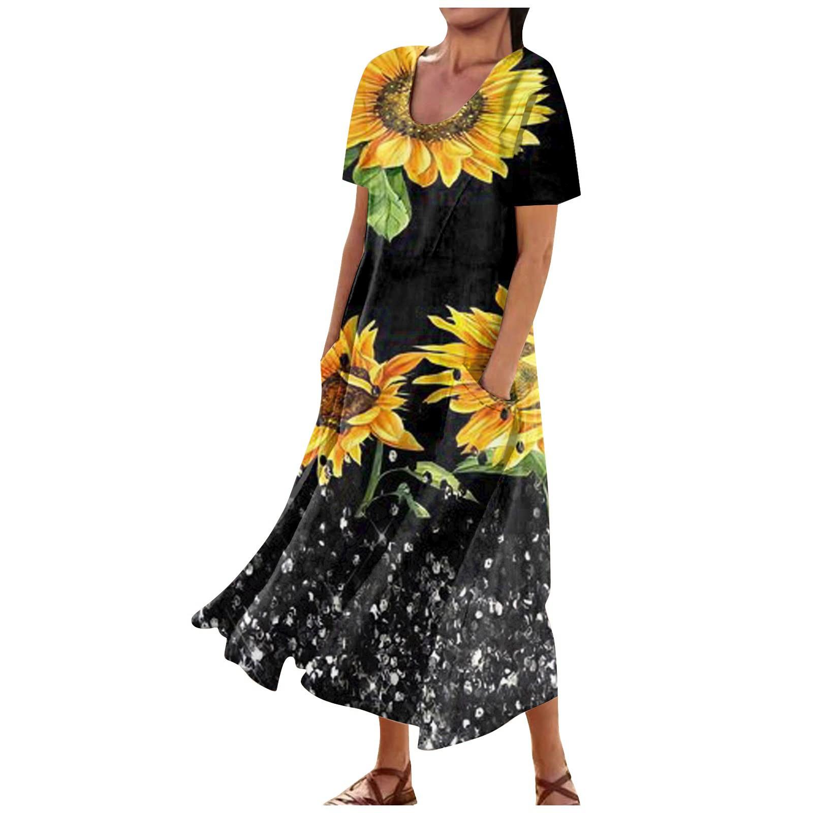 

Women s Summer Loose Crewneck Sunflower Print Short Sleeved Large Swing Dress With Pocket XL