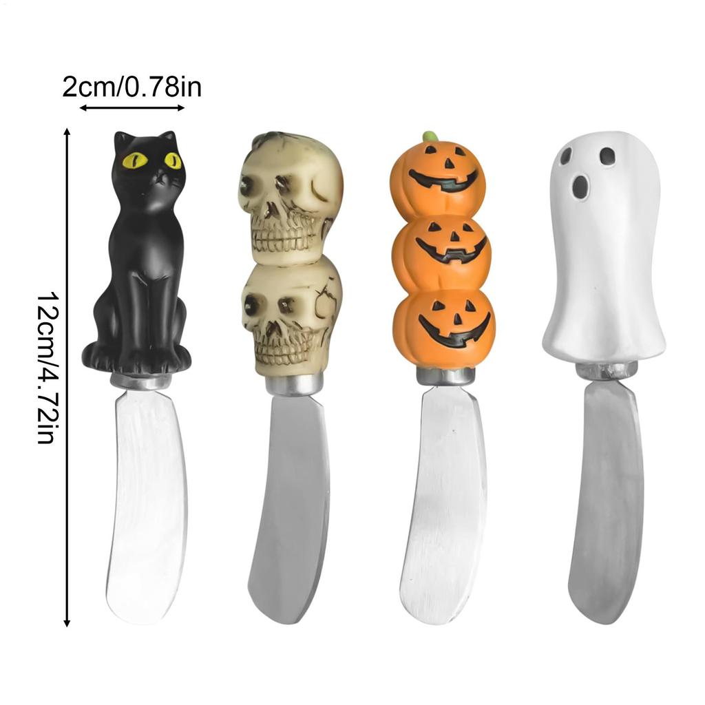 Cheese Spreader Knives 4 Pieces Halloween Pastry Knives Ergonomic Pumpkin Cat Ghost Skull Spreader For Toast Sandwich Jam Cream