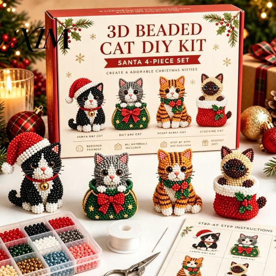 Festliches Feiertagsgeschenk 3D Perlen-Bastelset, Lebensechtes Weihnachtstier-Perlenbastelset, Partygeschenk Handgemachtes Einfaches Stickset für Kinder und Erwachsene Katze
