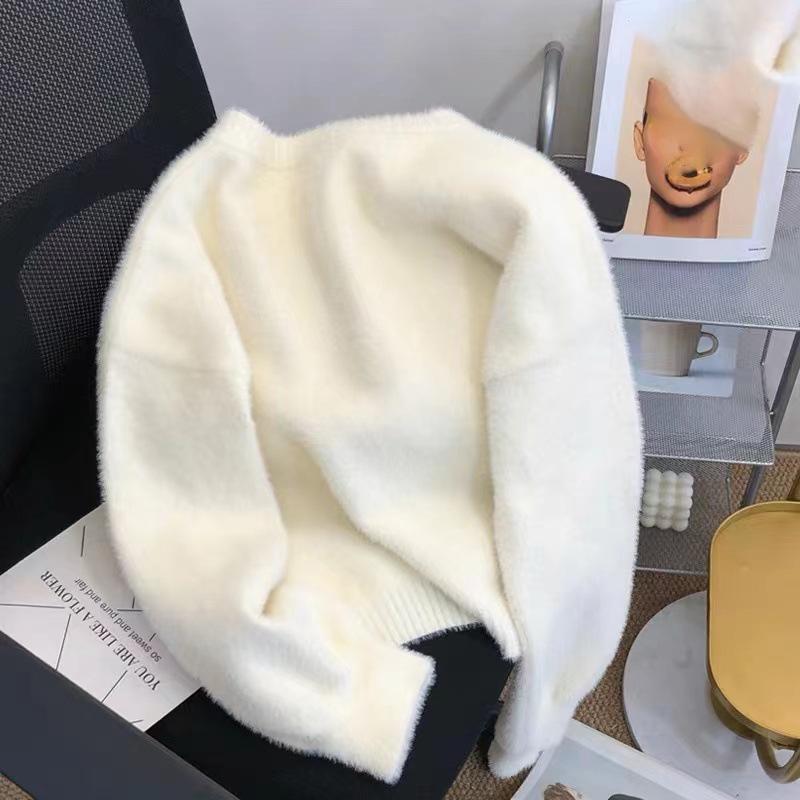 Simple O-neck Single-breasted Imitation Mink Velvet Knitted Sweater Casual Loose Soft Pearl Buttons Cardigan Women