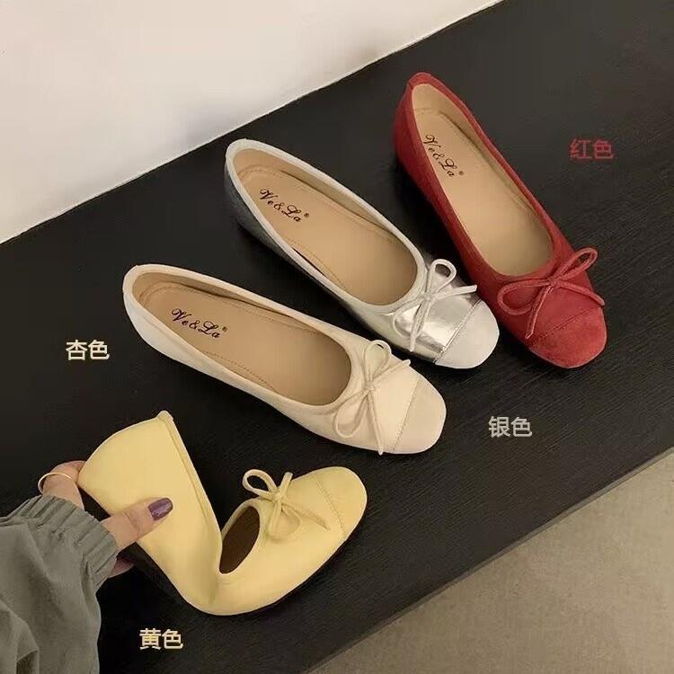 Spring new grandma shoes shallow bow single shoes fairy comfortable square head inner height increase flat ballet shoes