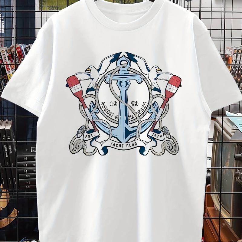 

1979 Yacht Club Anchor Print T-Shirt,Soft Breathable & Fade-Resistant, Classic Fit for Daily Casual Wear XXL білий