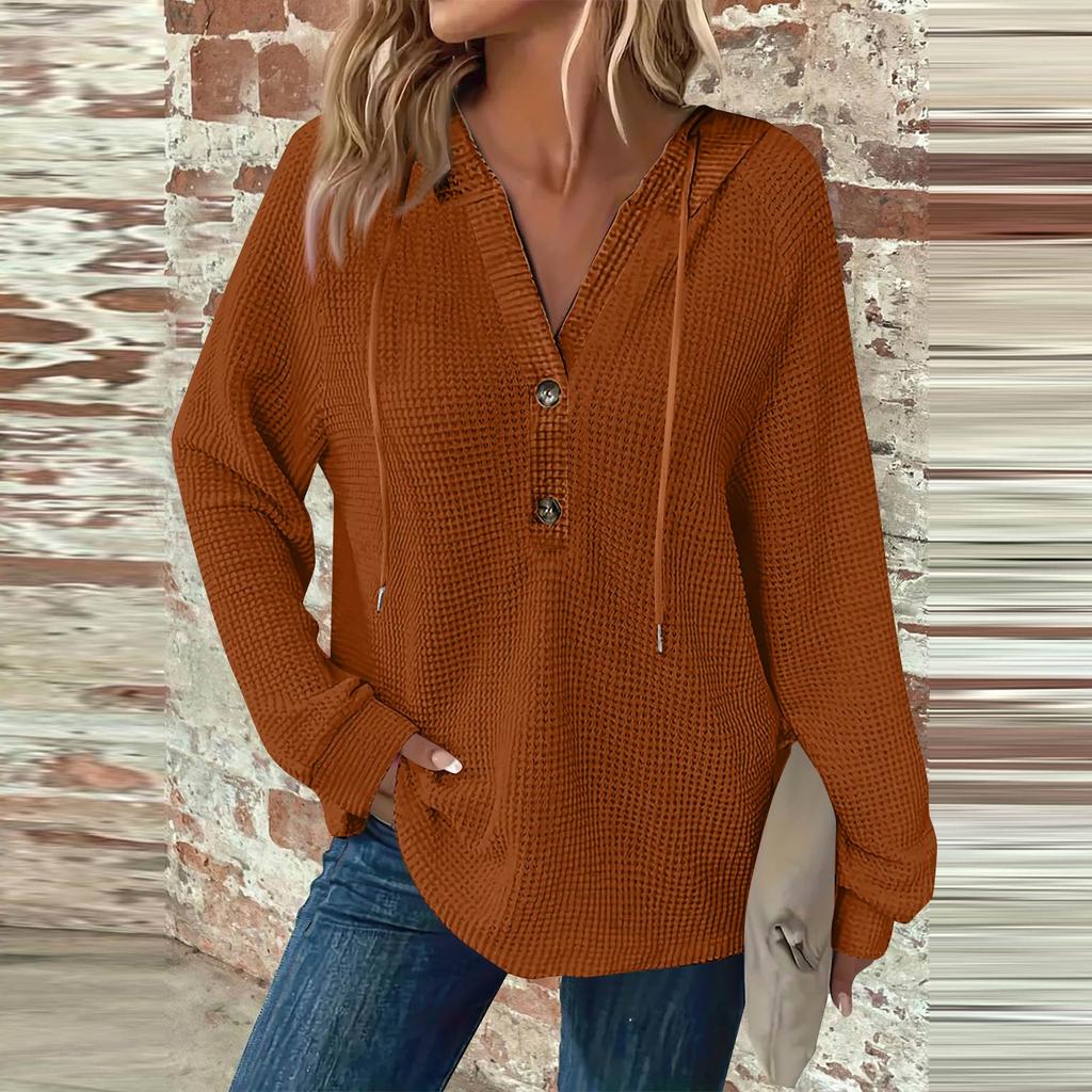 Women's Fashion Long Sleeve Drawstring Hooded Button V-Neck Casual Hooded Sweatshirt Top