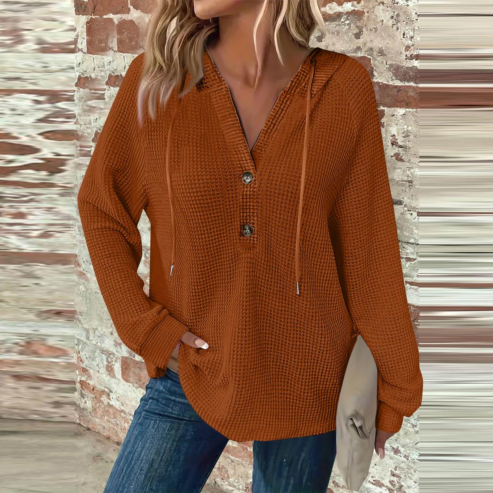 

Женская мода с длинным рукавом, завязками на шнурке, капюшоном, пуговицами, V-образным вырезом, повседневная толстовка с капюшоном M коричневый