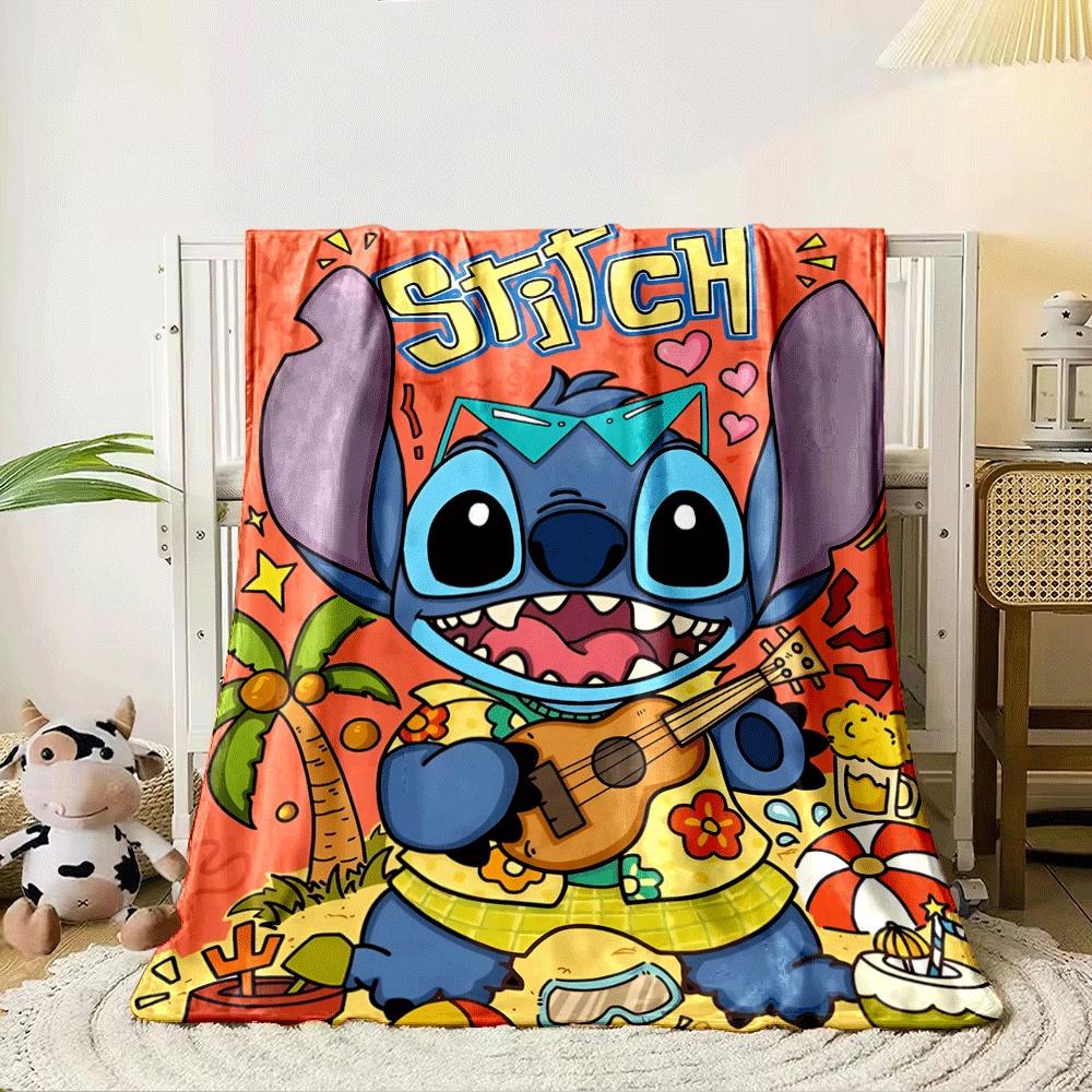 A blue character with a ukulele in a tropical, beach-themed setting. for all seasons blanket lunch break throw gift 80cm x 120cm
