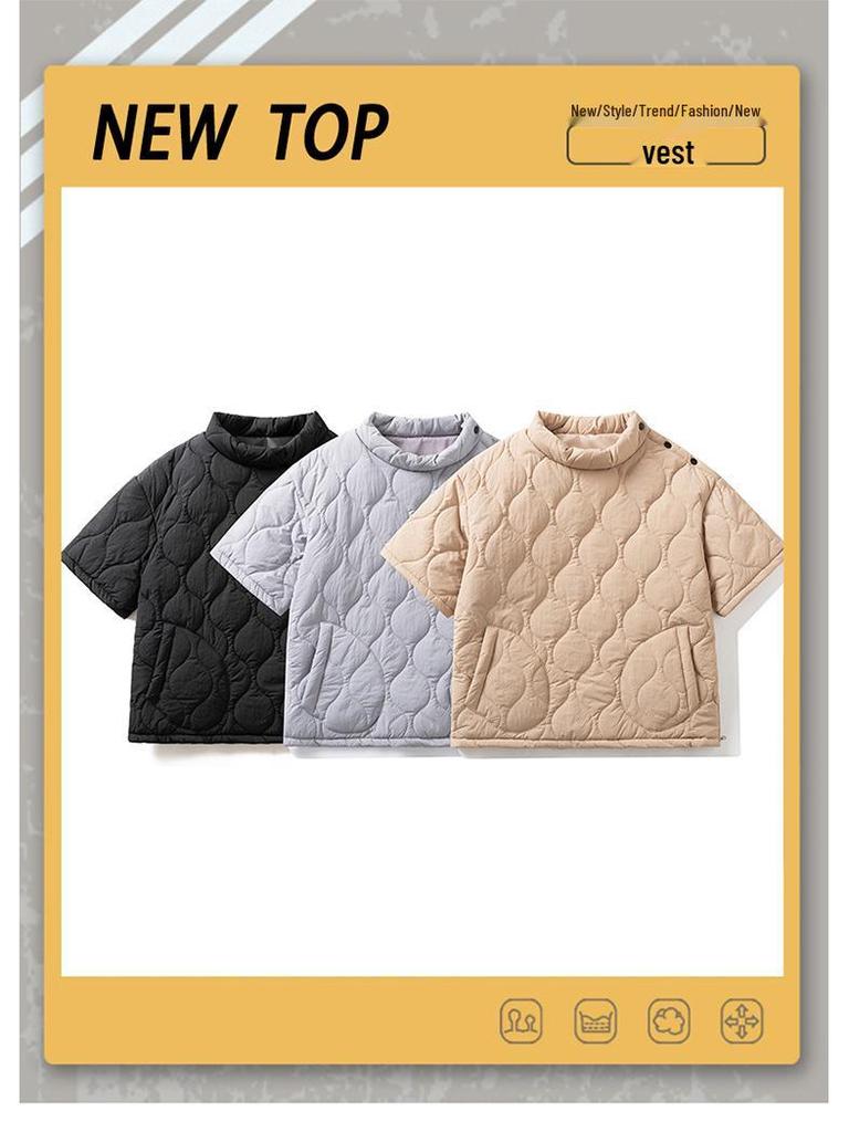 Herren Stepp Baumwolle Halbarm Pullover Jacke—Winter Arbeitskleidung Stil mit Stehkragen, Lockerer Schnitt, Einfarbige