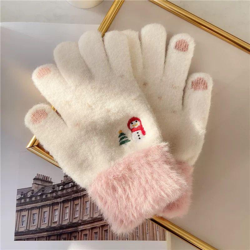 Plush Cartoon Snowman Touchscreen Gloves for Girls - Winter Warm Five-Finger Style