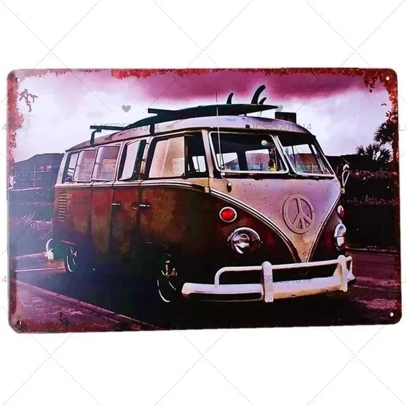 Peace Bus Beach Surfing Cartoon Wall Logo Retro Art Metal Plate Decoration Tin Logo Garage Bar Wall Decoration Tinplate Poster