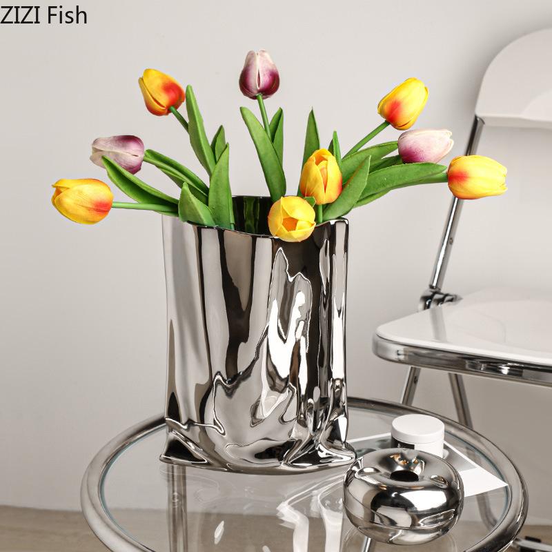 Silver Plated Ceramic Vase Desk Decoration Creative Pleated Vases Decorative Flowers Pots Flower Arrangement Modern Home Decor